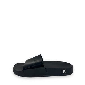 BALMAIN Black Calypso Embossed Patent Leather Logo Flats Slides Size 36 US 6